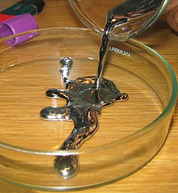 Liquid mercury. Its liquid state at standard conditions is the result of relativistic effects.[127]