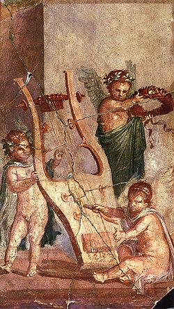Cupids playing with a kithara. Roman fresco from Herculaneum