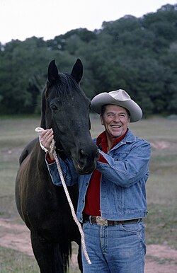 Ronald Reagan wearing stonewash denim associated with Western clothing, 1970s