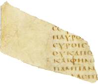 Fragment of a vellum codex from the fourth or fifth centuries AD, showing choral anapaests from Medea, lines 1087–91. Though tiny, the fragment influences modern editions of the play, since the reading οὐκ (visible here) is adopted by modern scholars in preference to the reading κοὐκ found in mediaeval manuscripts.[nb 1]