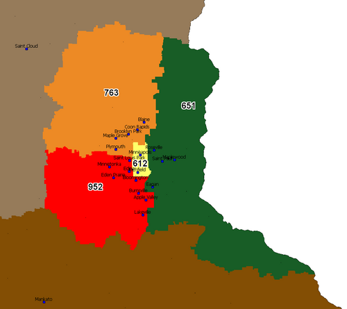 Metropolitan area codes with 952 in red.