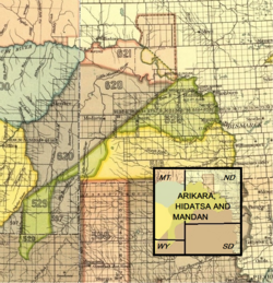 Arikara, Hidatsa and Mandan 1851 treaty territory. (Area 529, 620 and 621 south of the Missouri). Fort Berthold Indian Reservation included land both south and north of the Missouri (the light pink area). The acreage of the reservation was reduced later.