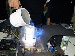 Liquid nitrogen may be used for cooling an overclocked computer, when an extreme measure of cooling is needed.