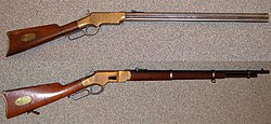 Henry rifle and a Winchester Model 1866 rifle. These repeater rifles were capable of higher rates of fire than the Springfield trapdoor.