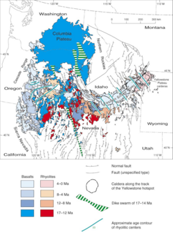 Geological map of northwest USA showing Basin and Range faults and basalts and rhyolites <17 Ma. Blue lines represent approximate age contours of silicic volcanic centres across the Eastern Snake River Plain and a contemporaneous trend of oppositely propagating silicic volcanism across central Oregon.[74]