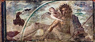 Jupiter-Zeus with thunderbolt and sceptre in the clouds, along with his eagle. Fresco in Herculaneum, 1–37 AD