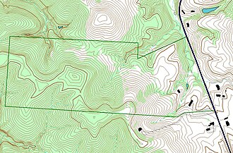 An example of use of layers in a GIS application. In this example, the forest-cover layer (light green) forms the bottom layer, with the topographic layer (contour lines) over it. Next up is a standing water layer (pond, lake) and then a flowing water layer (stream, river), followed by the boundary layer and finally the road layer on top. The order is very important to properly display the final result. Note that the ponds are layered under the streams, so that a stream line can be seen overlying one of the ponds.