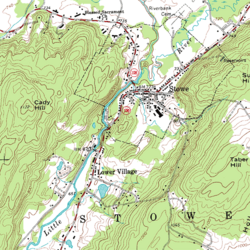 An inset from the USGS topographic map of Stowe, Vermont, U.S., featuring 20-foot (6.096 m) contour intervals. The scale is 1:24,000.