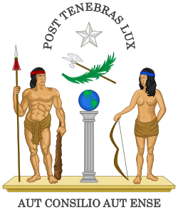 First coat of arms; representation with the human figures as supporters.