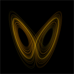 A plot of the Lorenz attractor for values r = 28, σ = 10, b = ⁠8/3⁠