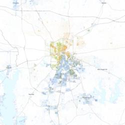 Map of racial distribution in Tyler, 2020 U.S. census. Each dot is one person: ⬤ White ⬤ Black ⬤ Asian ⬤ Hispanic ⬤ Multiracial ⬤ Native American/Other