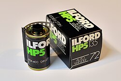 A 72 exposure cartridge of Ilford HP5 film