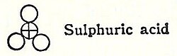 John Dalton's 1808 sulfuric acid molecule shows a central sulfur atom bonded to three oxygen atoms, or sulfur trioxide, the anhydride of sulfuric acid.
