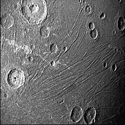 Ancient tectonic features on Xibalba Sulcus on Ganymede