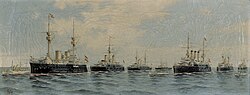 The Spanish East Asia Rescue Squadron, which never saw engagement; oil on canvas painted around 1897[m]