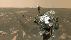 Self-portrait of Perseverance rover and Ingenuity helicopter (left) at Wright Brothers Field, 2021
