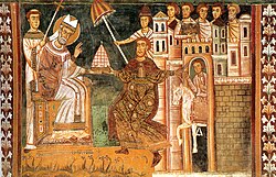 A 13th-century fresco of Sylvester and Constantine, showing the Donation of Constantine, Santi Quattro Coronati, Rome