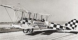 "Daredevil Lindbergh" in a re-engined Standard J-1, c. 1925. The plane in this photo is often misidentified as a Curtiss "Jenny".