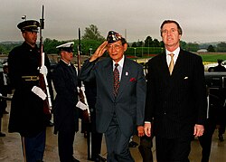 President Fidel V. Ramos troops the honor guards at the Pentagon with Secretary of Defense William Cohen during a state visit in 1998.