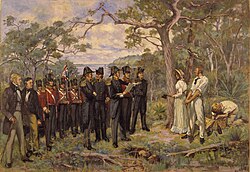 The Foundation of Perth 1829 by George Pitt Morison is a historical reconstruction of the official ceremony by which Perth was founded, although not everyone depicted may have actually been present.
