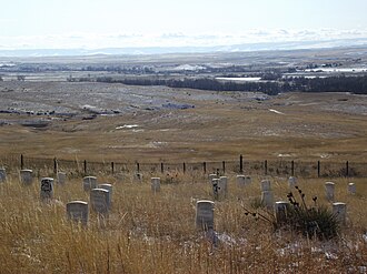 Custer and the last of his men were killed and buried here. The Indian village was on the other side of the line of trees marking the Little Bighorn River. To visit the old battlefield today it is necessary to enter the Crow Indian Reservation – it was exactly the same in 1876.