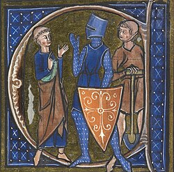 Medieval French manuscript illustration of the three classes of medieval society: those who prayed (the clergy) those who fought (the knights), and those who worked (the peasantry).[160] The relationship between these classes was governed by feudalism and manorialism.[161] (Li Livres dou Sante, 13th century)
