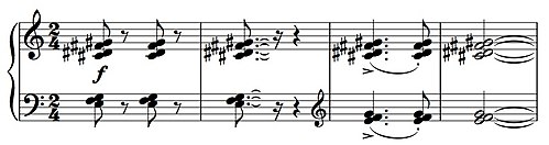 Example of piano tone clusters. The clusters in the upper staff—C♯ D♯ F♯ G♯—are four successive black keys. The last two bars, played with overlapping hands, are a denser cluster.