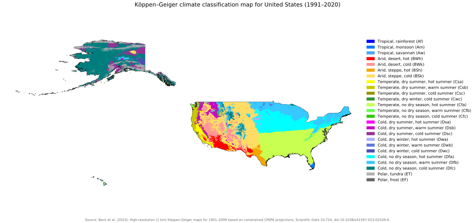 Köppen climate types of the United States using the 0 °C (32 °F) isotherm