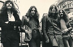 Black Sabbath at Piccadilly Circus, London in 1970 (left to right: Iommi, Ward, Osbourne, Butler)