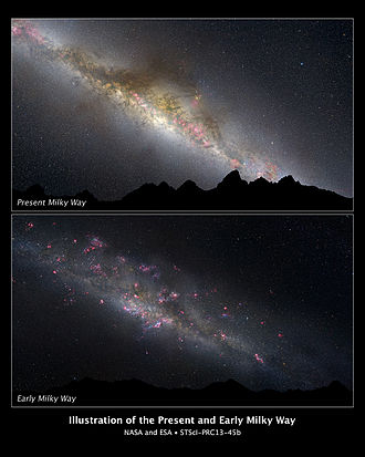 Comparison of the night sky with the night sky of a hypothetical planet within the Milky Way 10 billion years ago, at an age of about 3.6 billion years and 5 billion years before the Sun formed[274]