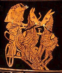 Artemis on her chariot drawn by two hinds. Detail from an Attic red figure crater 460–440 BCE. Attributed to the Painter of the Wooly Satyrs. Louvre, Paris.