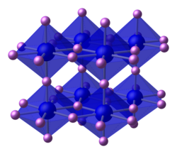 Unit cell ball-and-stick model of lithium nitride.[117] On the basis of size a tetrahedral structure would be expected, but that would be geometrically impossible: thus lithium nitride takes on this unique crystal structure.[10]: 76