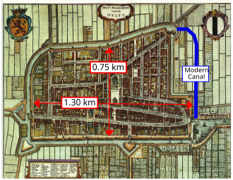 Map of Delft, Netherlands, dated 1659. The walls enclosed an area of about 1 square kilometre.