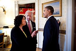 President Barack Obama meets with Judge Sonia Sotomayor and Vice President Joe Biden prior to an announcement in the East Room, May 26, 2009.