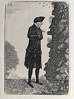 John Kay's caricature of James Hutton studying the "faces" of rock (1787)