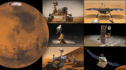 NASA missions to Mars (2021) (Perseverance rover; Ingenuity Mars helicopter; InSight lander; Odyssey orbiter; MAVEN orbiter; Curiosity rover; Mars Reconnaissance Orbiter)