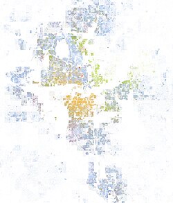 Map of racial distribution of the Oklahoma City area, 2020 U.S. census. Each dot is one person: ⬤ White ⬤ Black ⬤ Asian ⬤ Hispanic ⬤ Multiracial ⬤ Native American/Other