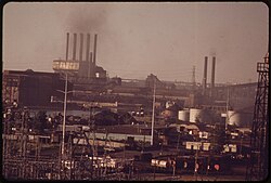 Dearborn skyline with Ford River Rouge Complex in background, 1973