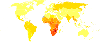 A map of the world where much of it is colored yellow or orange except for sub Saharan Africa which is colored red or dark red