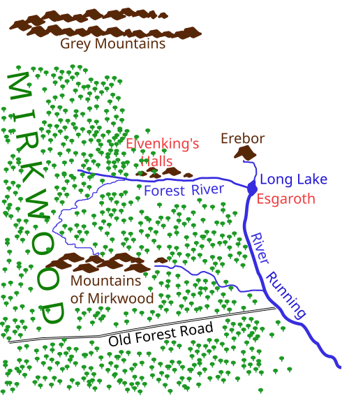 Sketch map of Mirkwood, Erebor (the Lonely Mountain), and Esgaroth (Lake-town)
