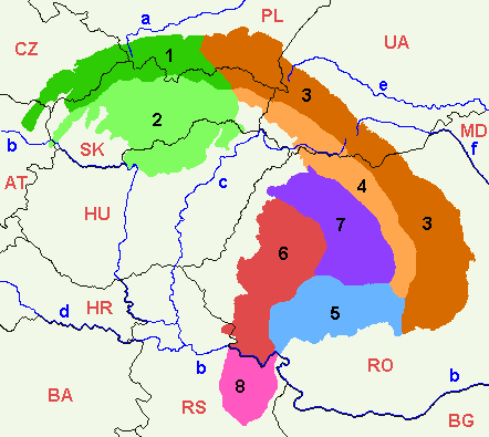 A map of the main divisions of the Carpathians. Outer Western CarpathiansInner Western CarpathiansOuter Eastern CarpathiansInner Eastern CarpathiansSouthern CarpathiansWestern Romanian CarpathiansTransylvanian PlateauSerbian Carpathians