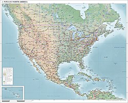 A map of North America's physical, political, and population characteristics as of 2018
