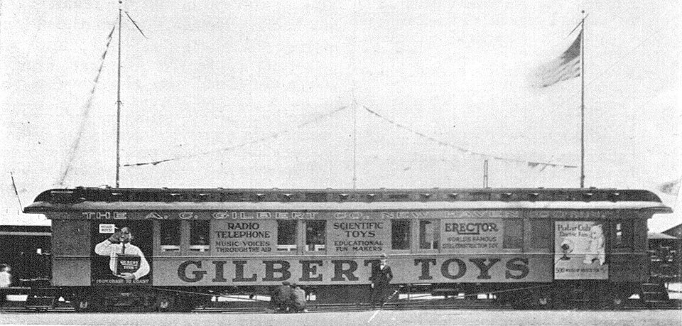 In the summer of 1922, the A. C. Gilbert Co. outfitted a railroad "Dealers demonstration car" which included an antenna, strung between two flagpoles, used for receiving WCJ broadcasts.[10]