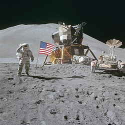 Astronaut James Irwin salutes the flag during the 1971 Apollo 15 lunar mission.