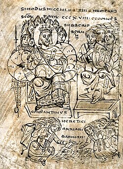Burning of Arian books at Nicaea (illustration from a compendium of canon law, ca. 825, MS. in the Capitular Library, Vercelli)