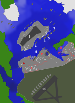 City Army base Navy baseAttacked targets: 1: USS California. 2: USS Maryland. 3: USS Oklahoma. 4: USS Tennessee. 5: USS West Virginia. 6: USS Arizona. 7: USS Nevada. 8: USS Pennsylvania. 9: Ford Island NAS. 10: Hickam field.Ignored infrastructure targets: A: Oil storage tanks. B: CINCPAC headquarters building. C: Submarine base. D: Navy Yard.