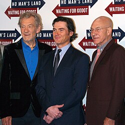 Stewart with actors Ian McKellen and Billy Crudup at a September 2013 press event at Sardi's restaurant for Waiting for Godot and No Man's Land