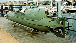 Italian Maiale manned torpedo "Siluro San Bartolomeo" displayed at the Royal Navy Submarine Museum, Gosport, UK.