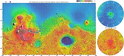 High resolution topographic map of Mars based on the Mars Global Surveyor laser altimeter research led by Maria Zuber and David Smith. North is at the top. Notable features include the Tharsis volcanoes in the west (including Olympus Mons), Valles Marineris to the east of Tharsis, and Hellas basin in the southern hemisphere.