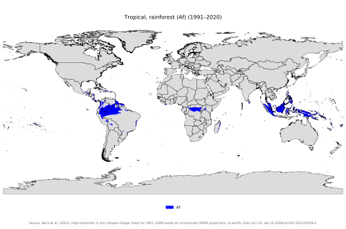 Worldwide zones of tropical rainforest climate (Af)